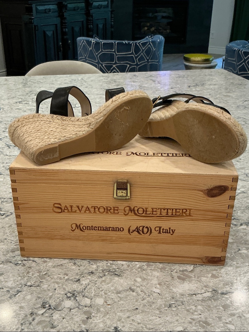 Stuart Weitzman Black Leather Espadrille Wedge Sandals - Picture 4 of 9